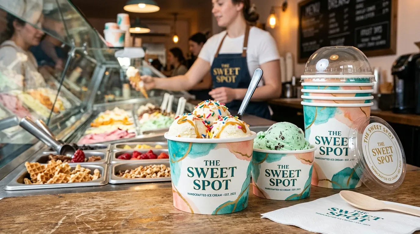 Custom branded MBPAK ice cream cups with lids and printed graphics in a modern dessert shop setting