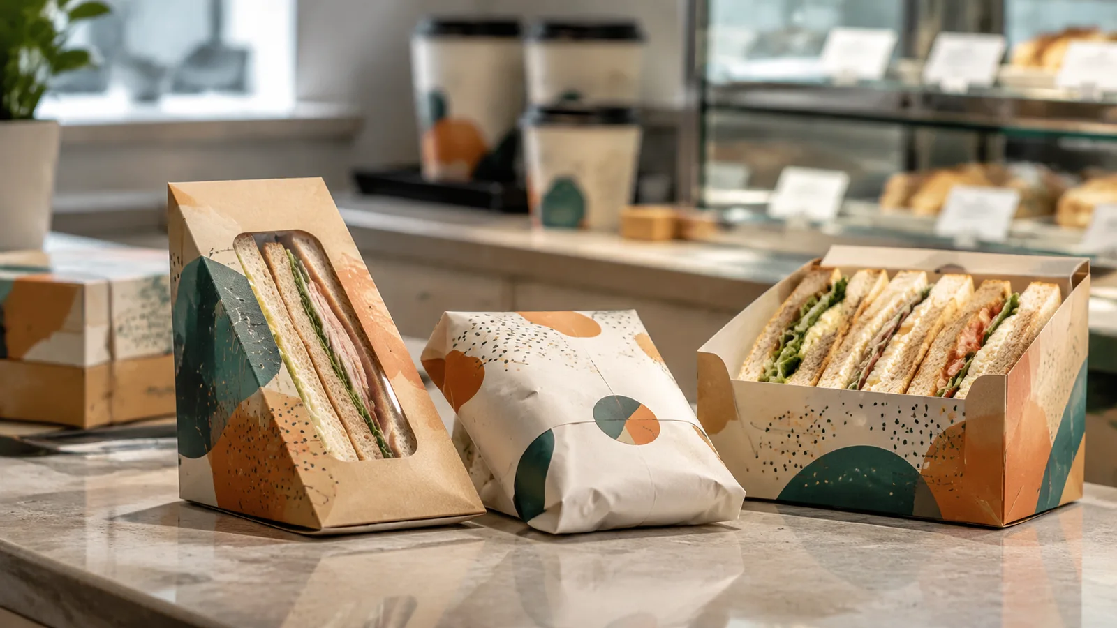 Custom branded sandwich takeaway packaging displayed in a modern cafe counter scene