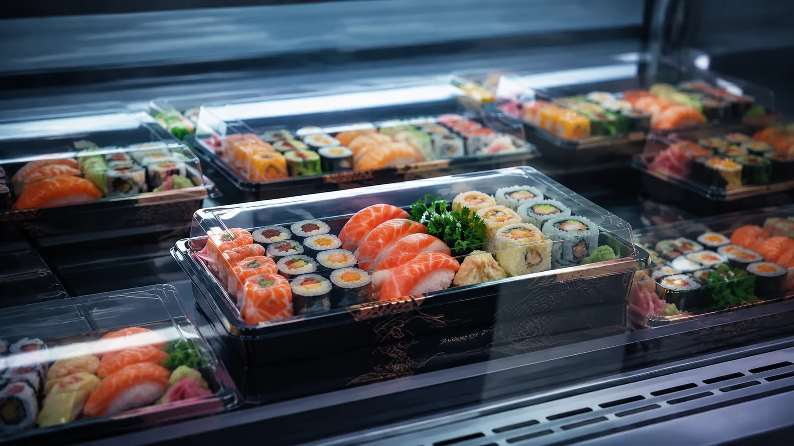 Custom branded sushi packaging displayed in a premium refrigerated retail scene